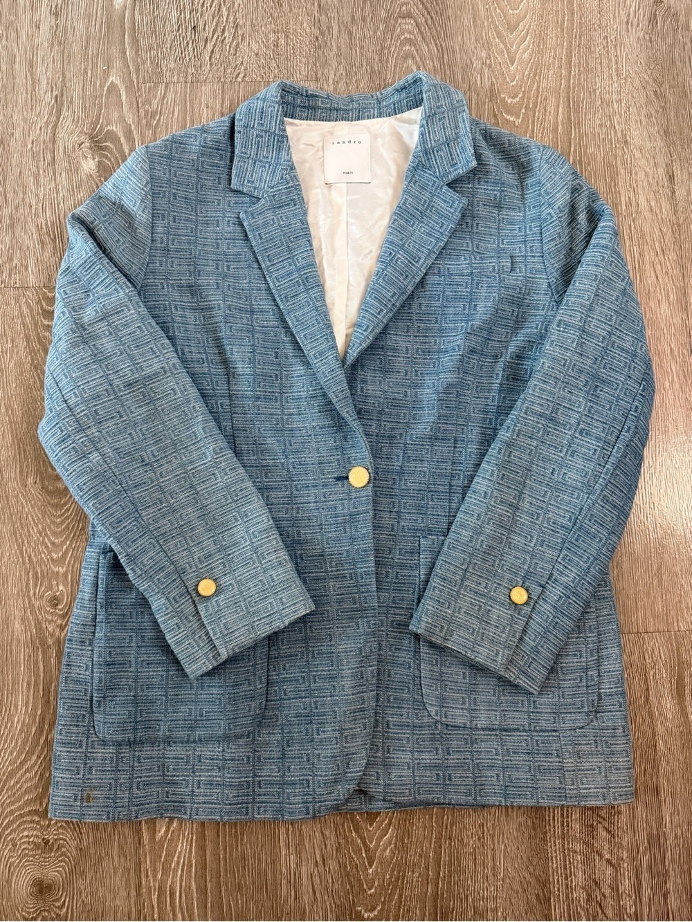 Vintage Sandro Paris Blue Jacquard Blazer EU 42 Gold Button Designer Jacket - Picture 3 of 10